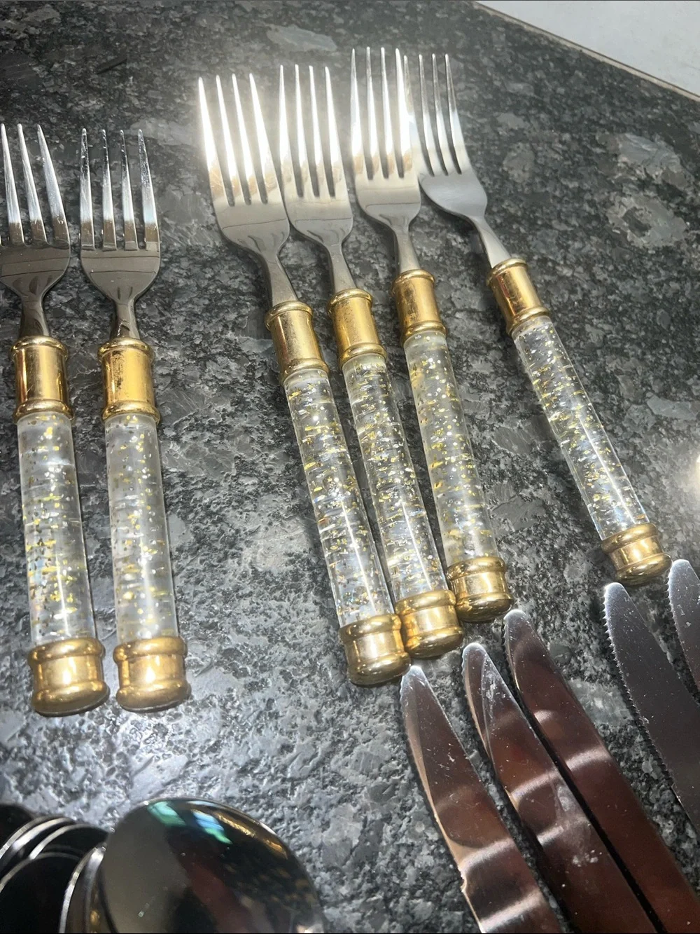 34 pieces MCM Stainless Lucite Handle with Gold Accent Flatware Set -